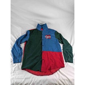 ROMWE Mens Corduroy Color Block Button Up Shirt Long Sleeve Logo Embroidery XL